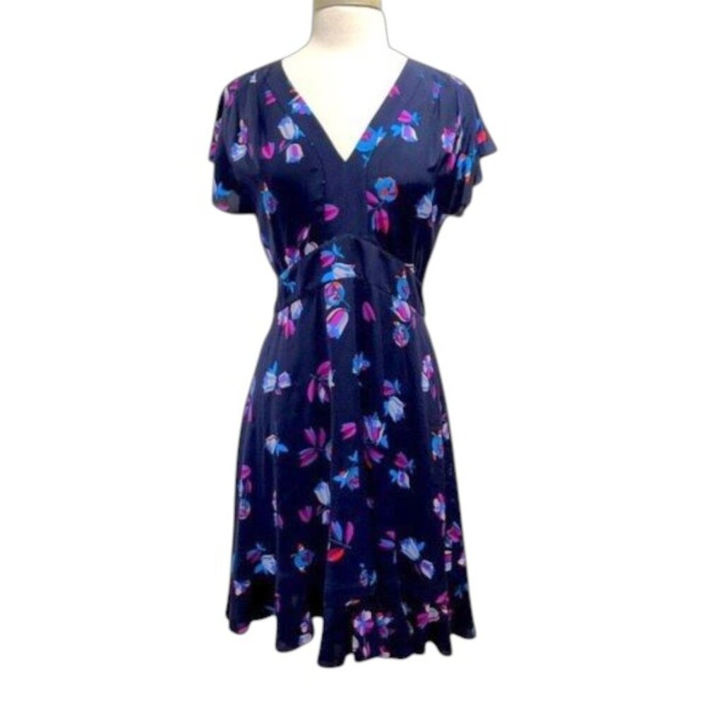 Rebecca Taylor Silk Navy Bellflower Flutter Sleeve Dress NEW